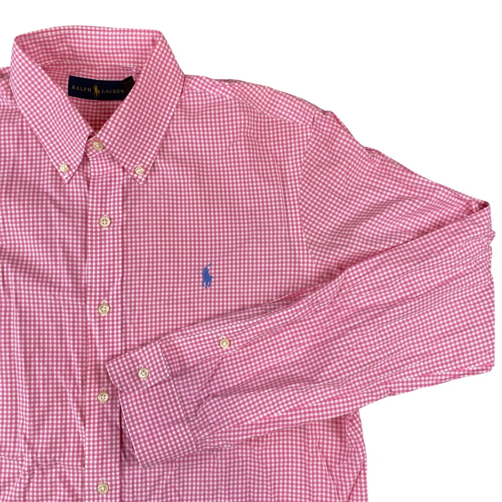 Ralph Lauren Mens Large Pink White Gingham Cotton Button Down Shirt Blue Pony